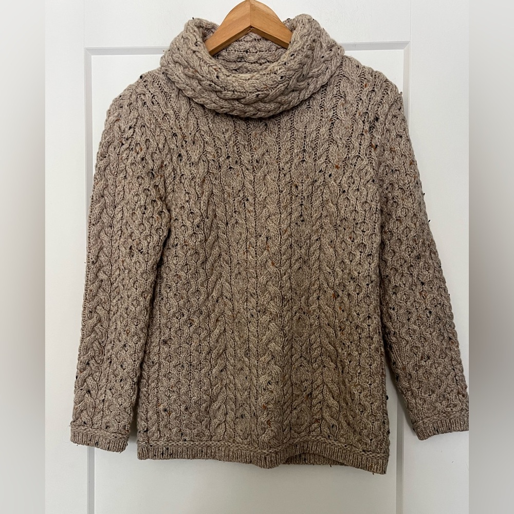 Aran Mor Ireland Hand Knit Cowl Neck Chunky Merino Wool Sweater S/M